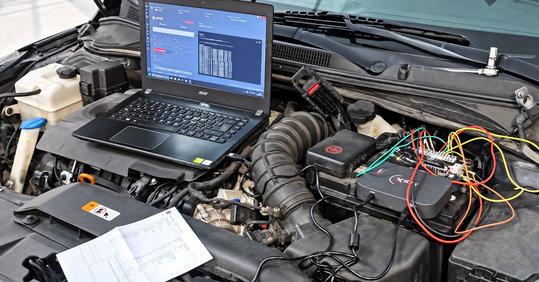 Portátil y equipo de programación en el vano motor.